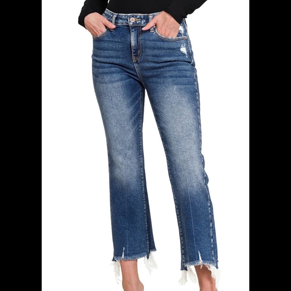 Zenana Outfitters Kick Crop Distressed Blue Straight Leg Jeans